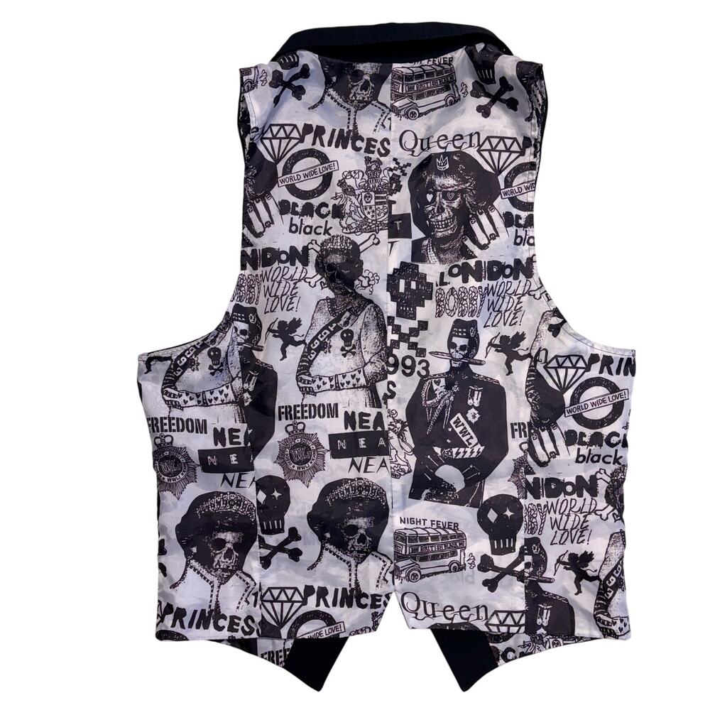 Billy London Vest Waistcoat Mens Small Black Buttoned Punk Skull Graphic Goth